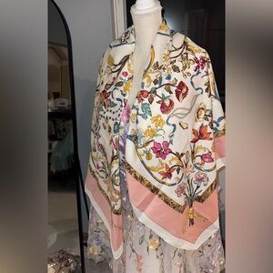 SILK Floral Patterned Scarf with Pink and Yellow Accents